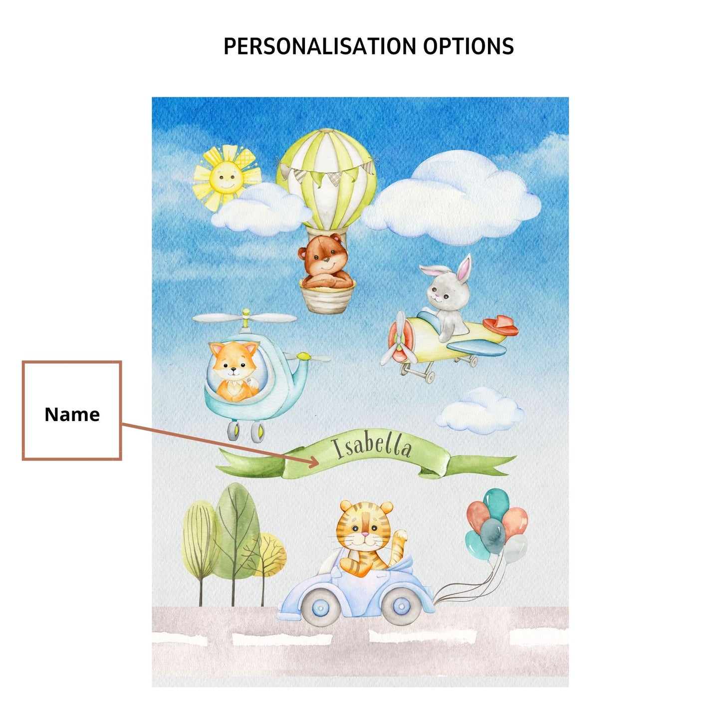 Animals in vehicles with personalisation for kids Printed poster