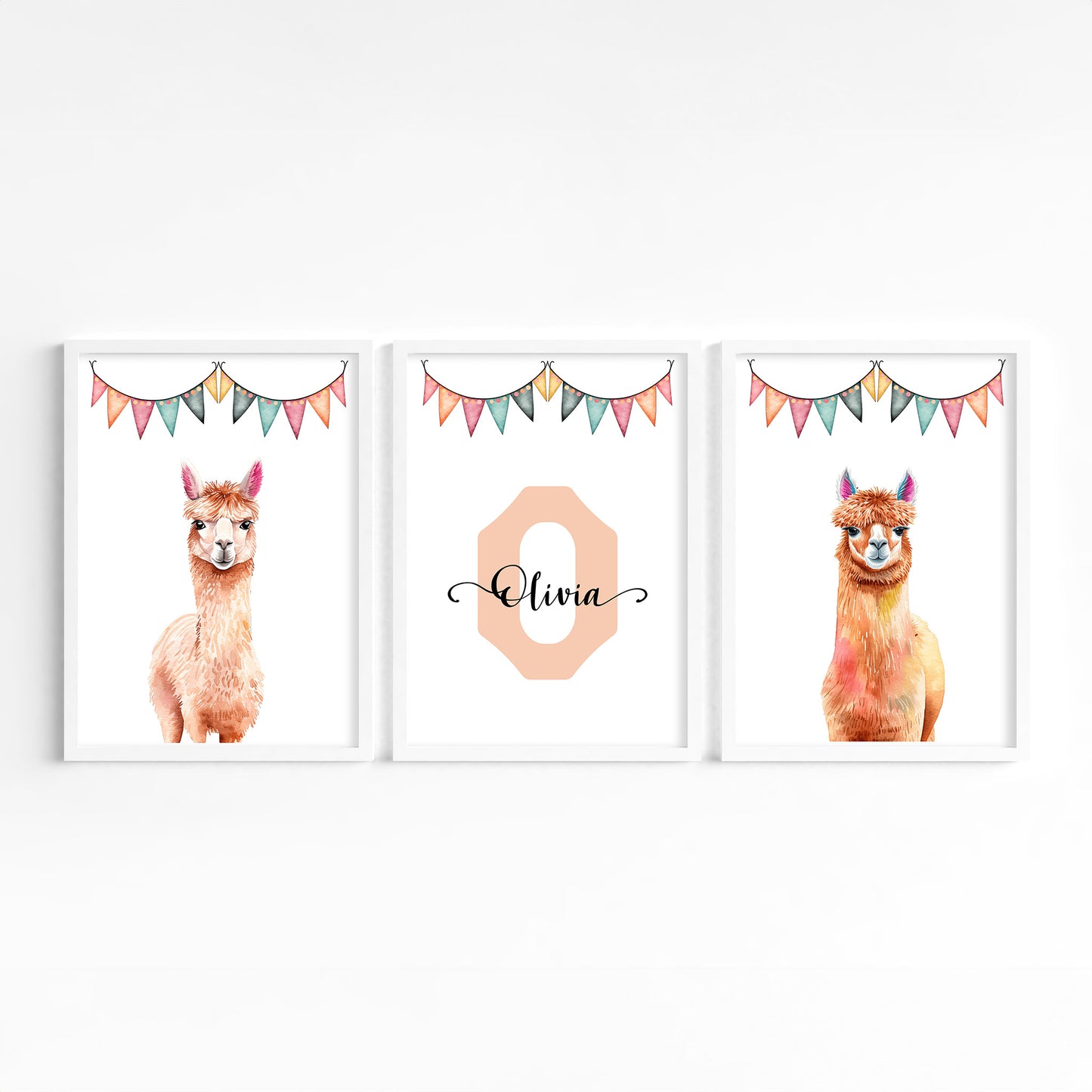 three poster frames featuring the llamas under flags collection with personalised name and initial