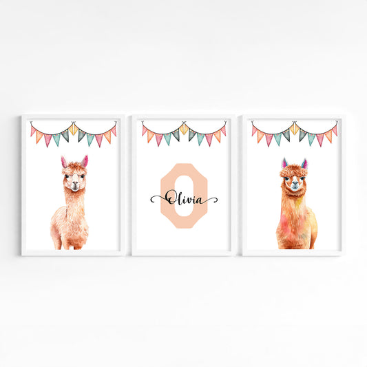 three poster frames featuring the llamas under flags collection with personalised name and initial