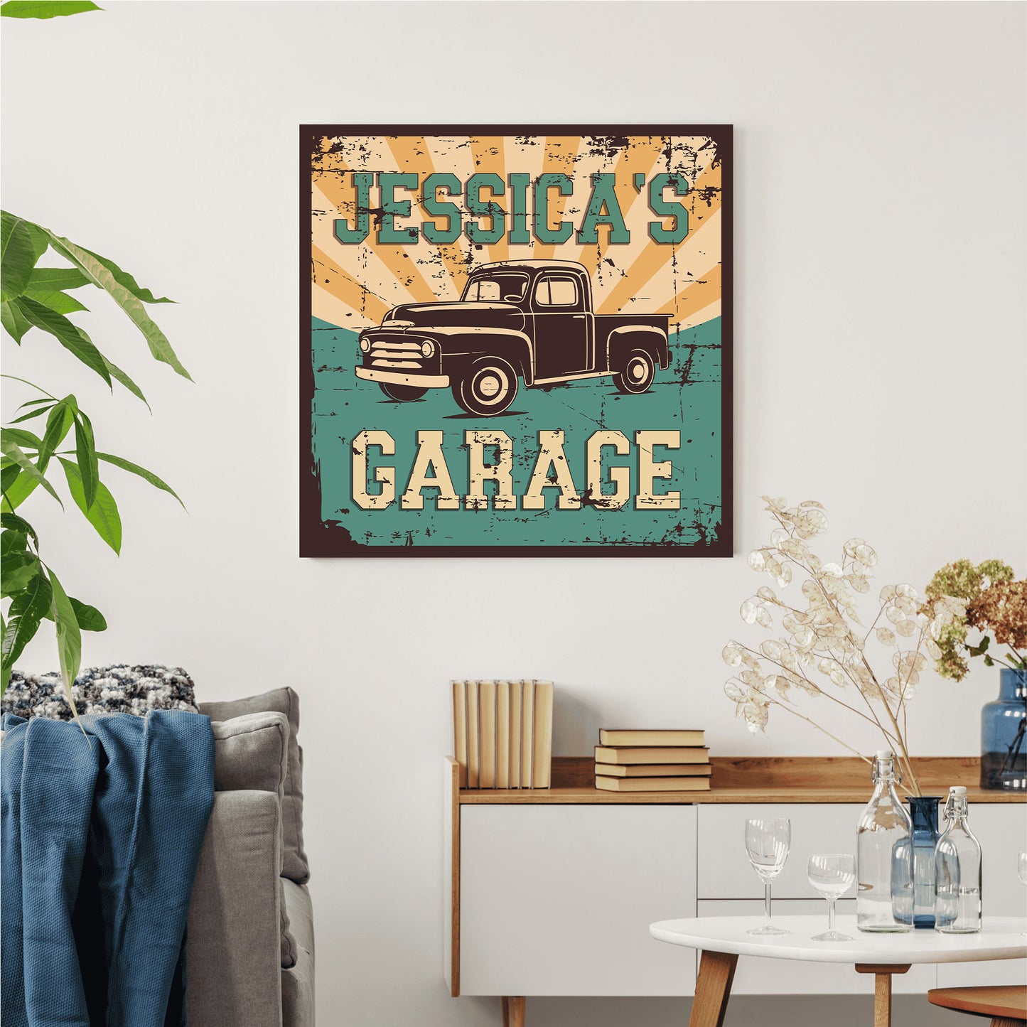 a picture of a garage sign hanging on a wall