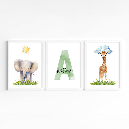 three poster frames featuring the collection of baby elephant and giraffe with personalised name and initial of the child