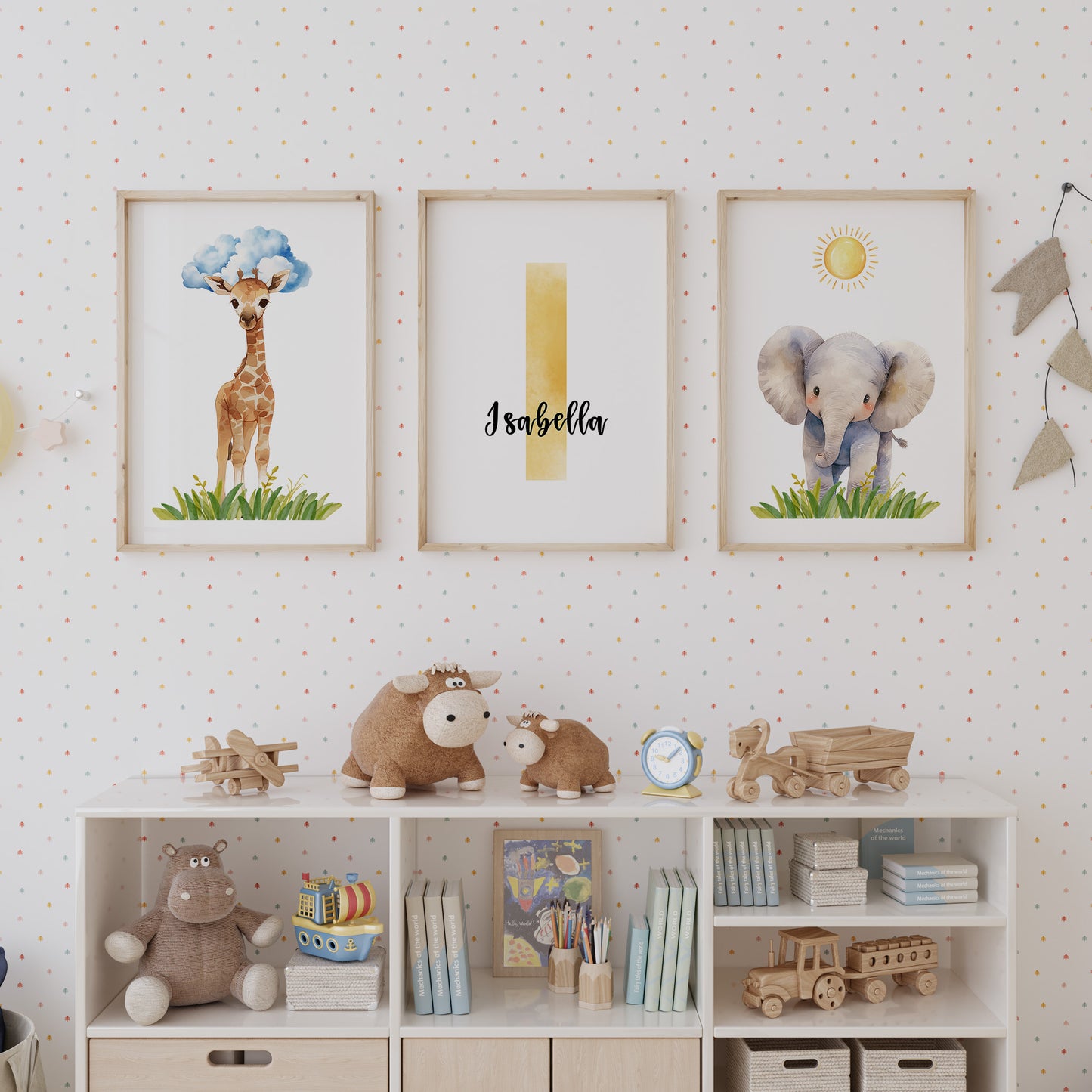 Baby elephant and giraffe with personalisation Set of 3 Printed posters