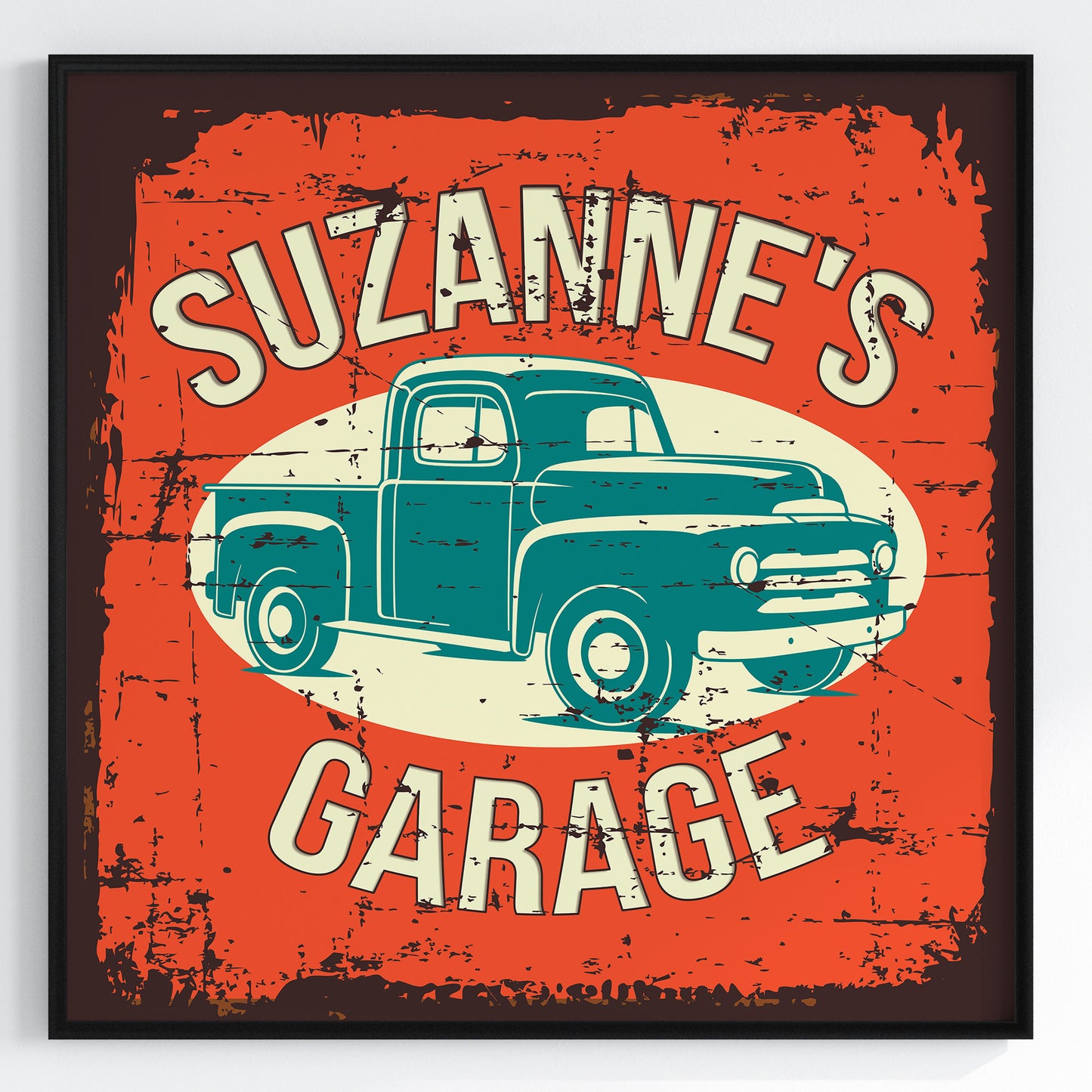 a picture of a truck with the words suzanne's garage on it