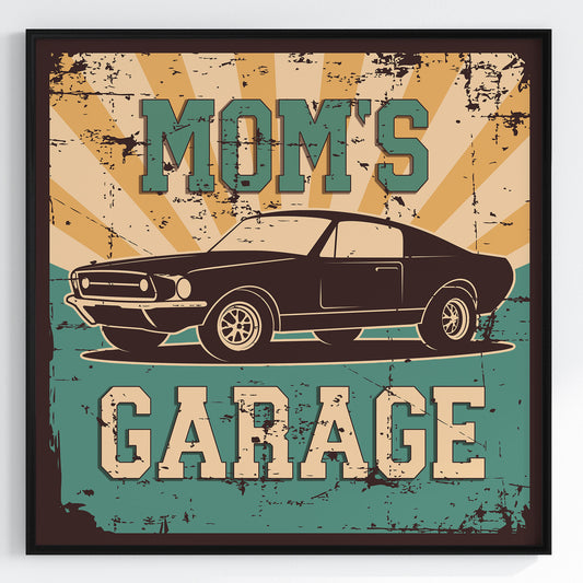 a picture of a car with the words mom's garage on it