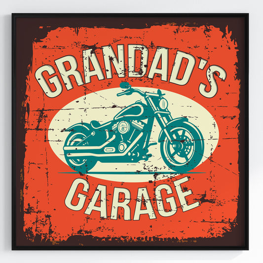 a picture of a motorcycle with the words grandad's garage on it