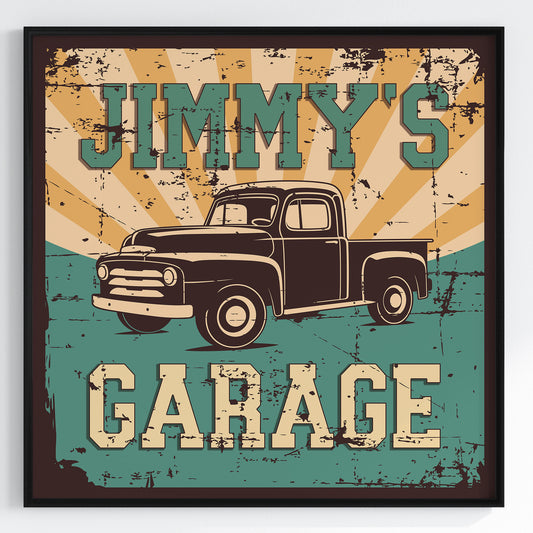 a vintage poster of a truck with the words jimmy's garage on it