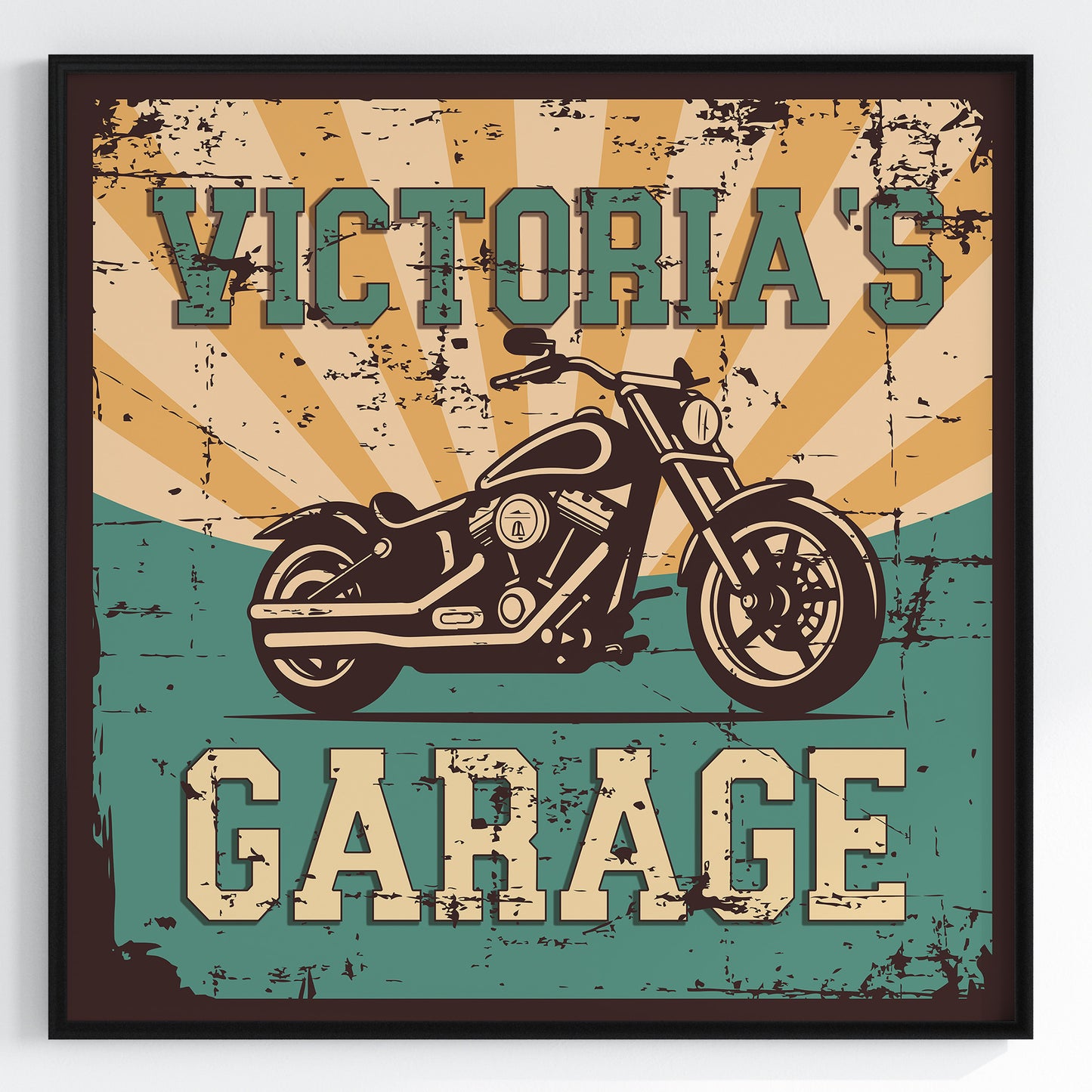 a poster of a motorcycle with the words victoria's garage