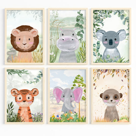 six frames featuring the artwork for kids happy jungle animals created in watercolour