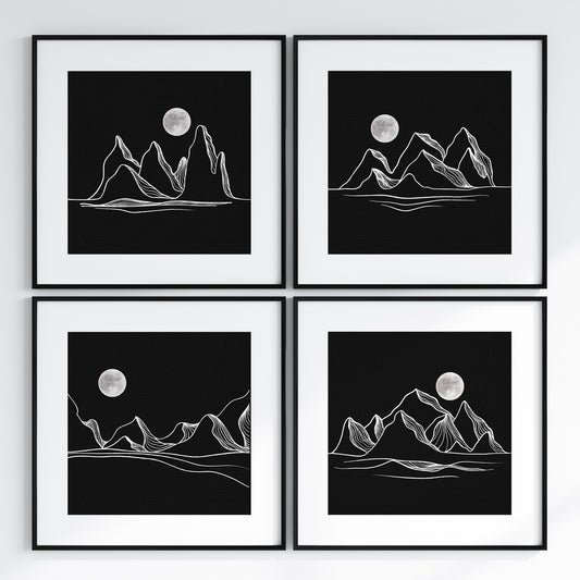 Mountains under the moon series Set of 4 Printed poster