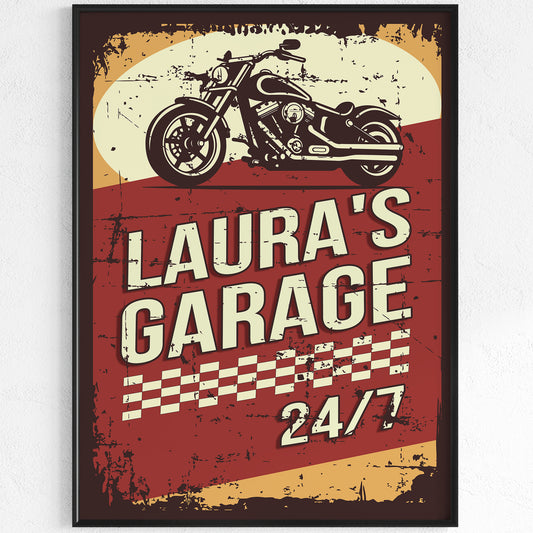 Motorcycle garage with personalisation Printed poster