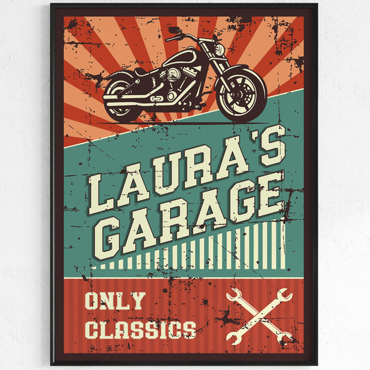 Motorcycle garage with personalisation Printed poster