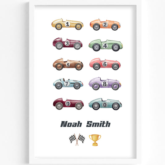 10 Retro racing cars with personalisation Printed poster