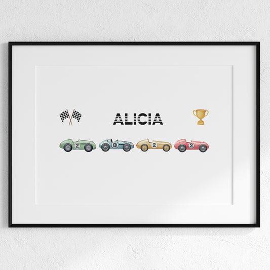 Retro racing cars with personalisation Printed poster